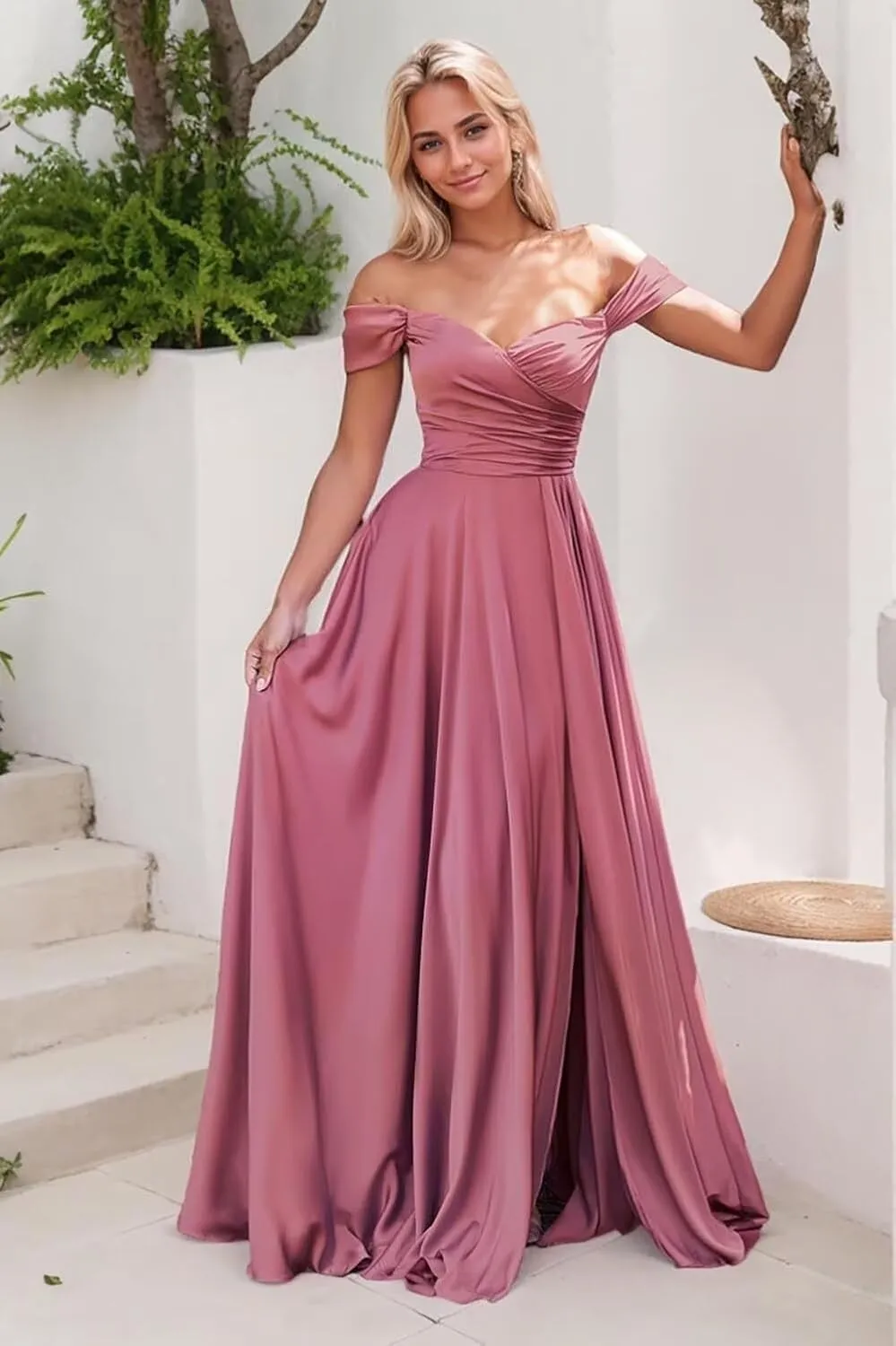 Zoghoo Women's Off The Shoulder Prom Dress with Slit Satin Bridesmaid Dresses for Wedding Long Formal Gown