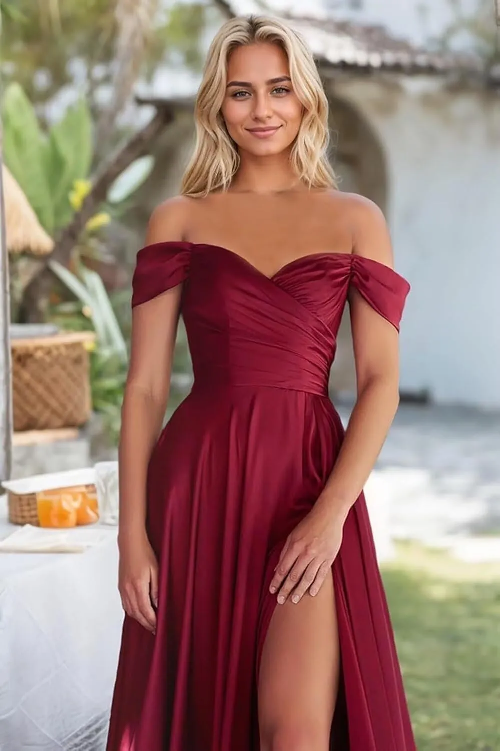 Zoghoo Women's Off The Shoulder Prom Dress with Slit Satin Bridesmaid Dresses for Wedding Long Formal Gown