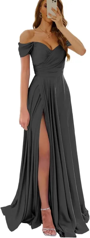 Zoghoo Women's Off The Shoulder Prom Dress with Slit Satin Bridesmaid Dresses for Wedding Long Formal Gown