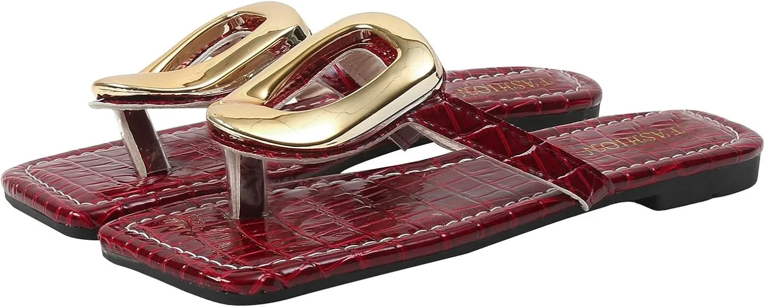 ZSpzx Flat Sandals for Women 2025,Summer Square Open Toe Dressy Sandals Ladies Slipper Slip On Slides Metal Chain Slippers Comfortable Leather Thong Flip Flops Beach Casual Slingback Slide Shoes