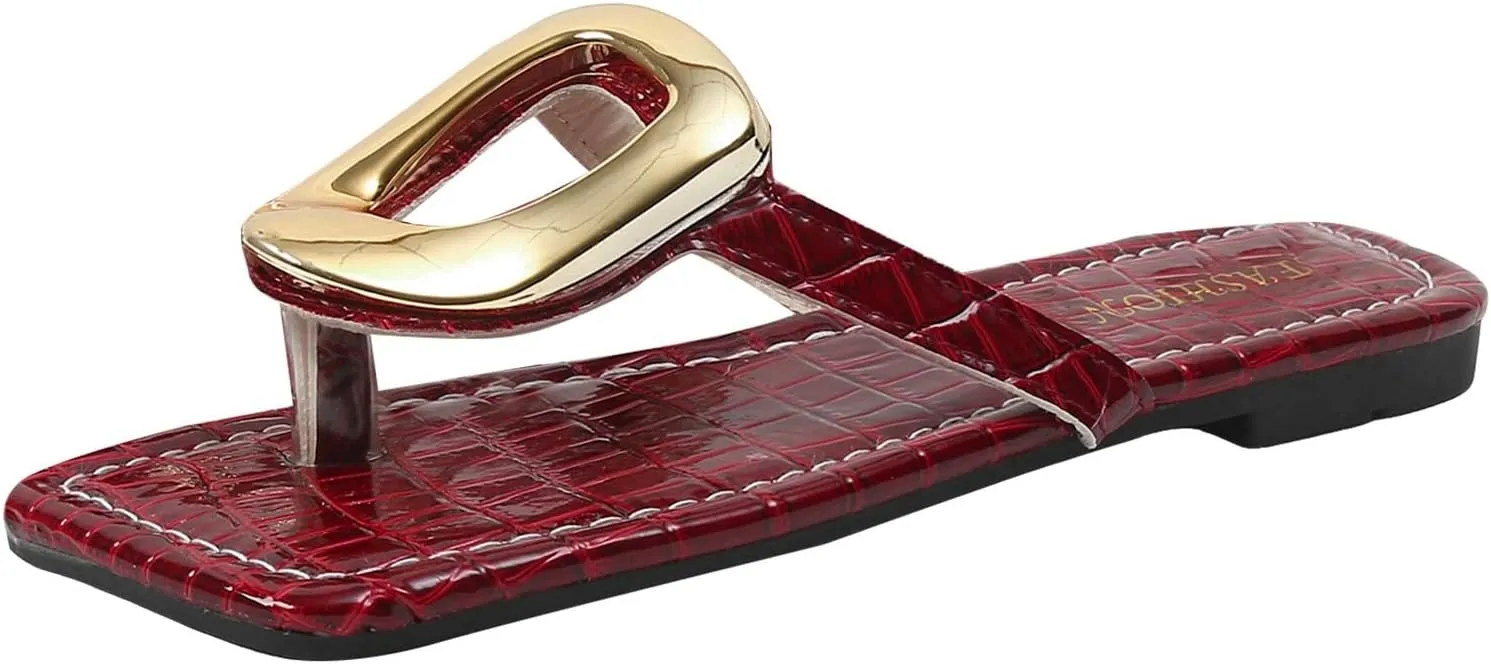 ZSpzx Flat Sandals for Women 2025,Summer Square Open Toe Dressy Sandals Ladies Slipper Slip On Slides Metal Chain Slippers Comfortable Leather Thong Flip Flops Beach Casual Slingback Slide Shoes