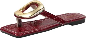 ZSpzx Flat Sandals for Women 2025,Summer Square Open Toe Dressy Sandals Ladies Slipper Slip On Slides Metal Chain Slippers Comfortable Leather Thong Flip Flops Beach Casual Slingback Slide Shoes
